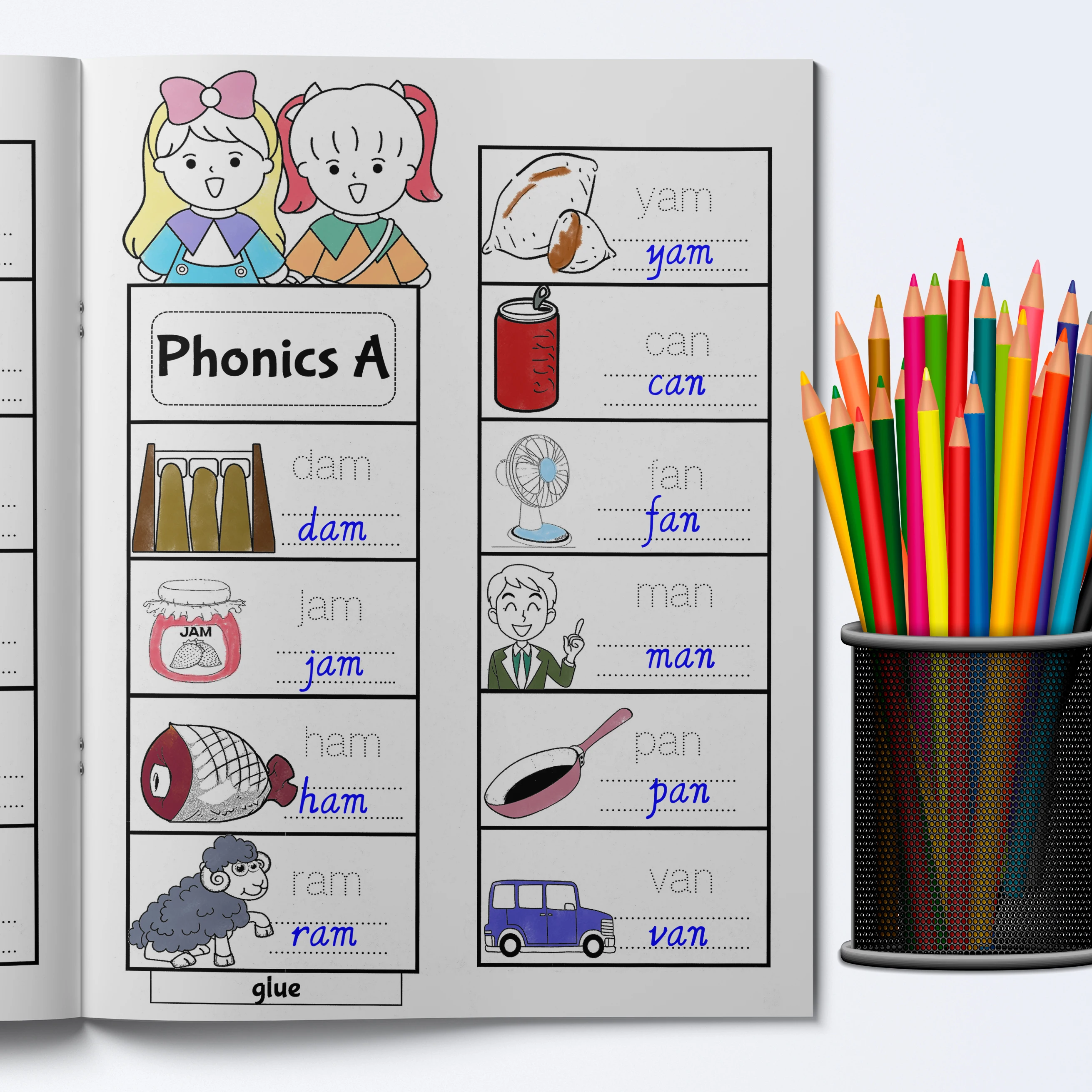 English Words Coloring Book for Kids, Cute Cartoon Patterns, Preschool Early Learning Activity Book, Fun English Learning