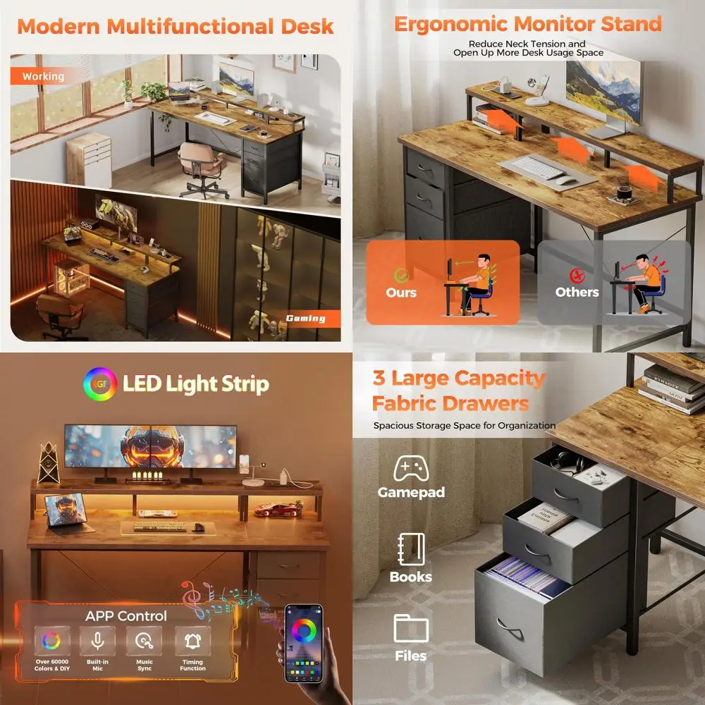 

48 игровых столов в деревенском коричневом стиле с 3 ящиками, розетками, светодиодной подсветкой и подставкой для монитора для небольших помещений