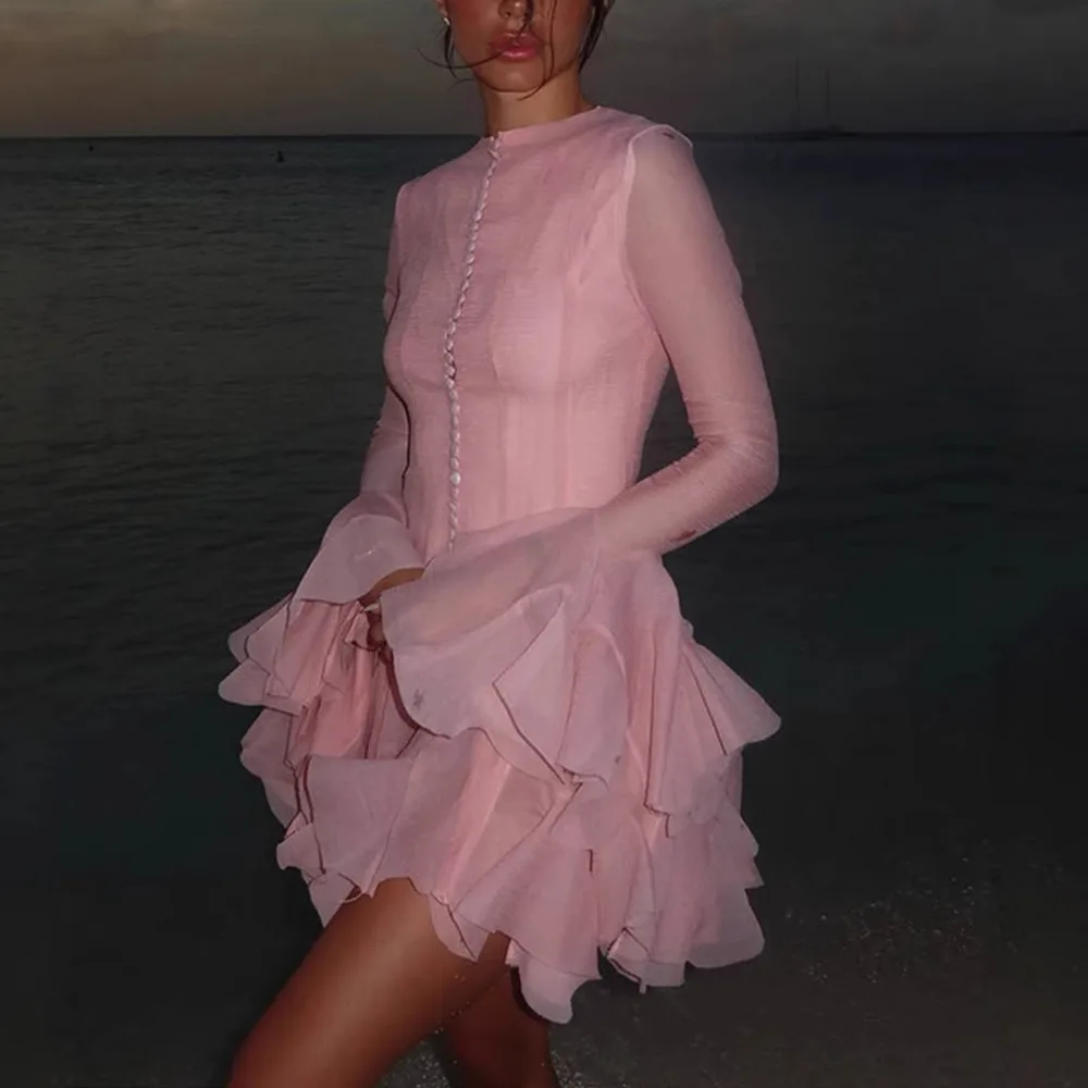 

Нежное и элегантное женское новое нишевое платье на пуговицах с цветочным бутоном и длинными рукавами для похудения с рюшами