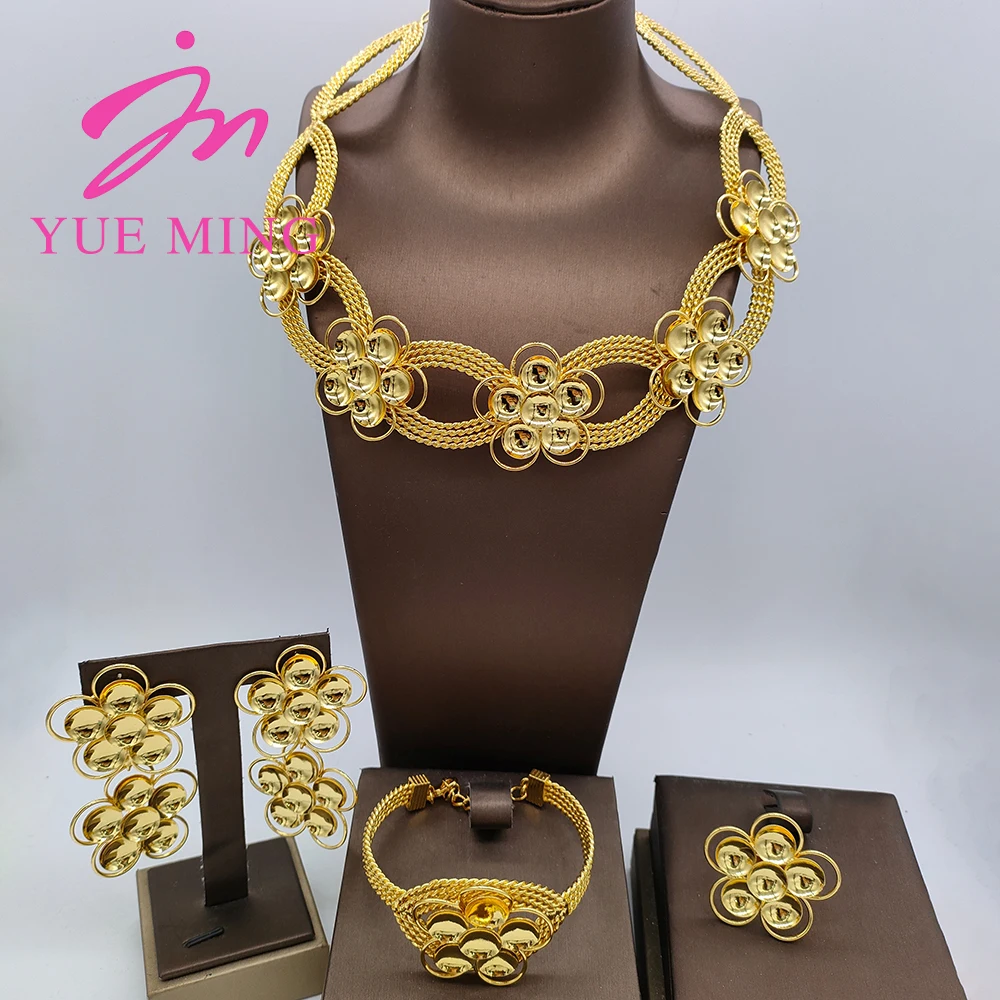 

Dubai Women's Jewelry Set Big Flower Necklace Bracelet Ring Gold Plated Luxury Jewellery Elegant Drop Earrings Anniversary Gifts