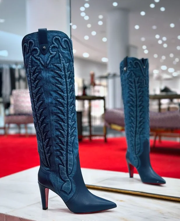 Blue Denim Embroidered Knee High Boots Women's Pointed Toe Chunky Heel Suede Leather Boot 2024 Winter New in Luxury Design Shoes