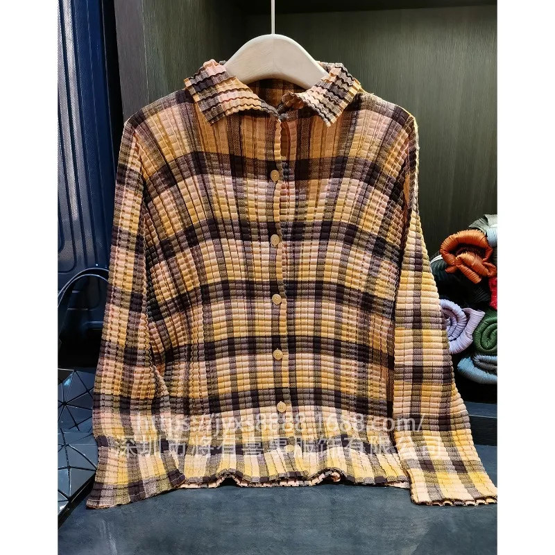 مياكي منقوشة مطوي قميص بلوزة الأدبية طويلة الأكمام واحدة الصدر ركاب تنوعا سترة بولو طوق بلوزة المرأة #5