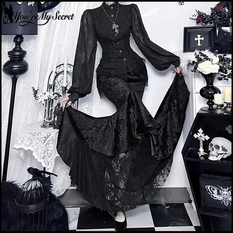 الخريف المرأة ذيل السمكة تنورة جديدة غير النظامية هيكل السمكة تنورة خمر ثقافة فرعية أسلوب فاسق موضة القوطية فستان ذيل السمكة الأسود #1