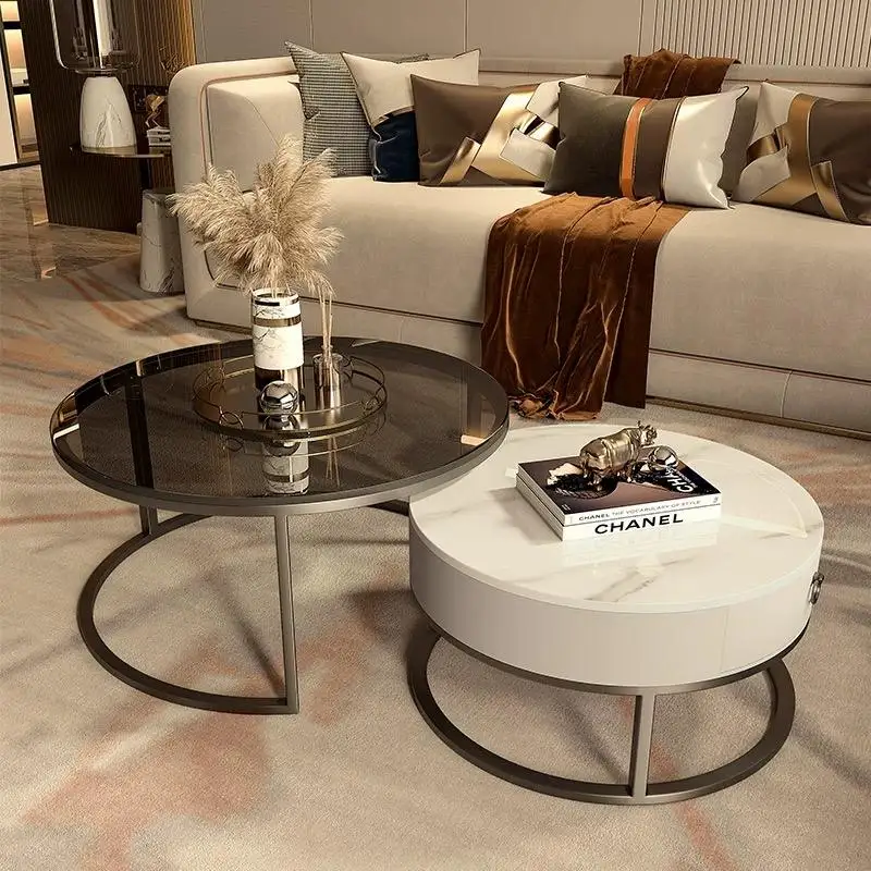 xx-Contemporary Glam Round Coffee Table Set with Glass Marble Top and Houndstooth Ottoman Stool for Coffee Table^
