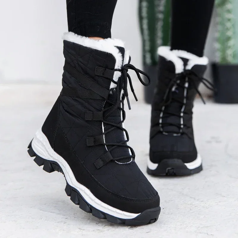 Winter Women Boots Platform Shoes Keep Warm Mid-Calf Snow Boots Ladies Lace-up Comfortable Quality Waterproof Chaussures Femme