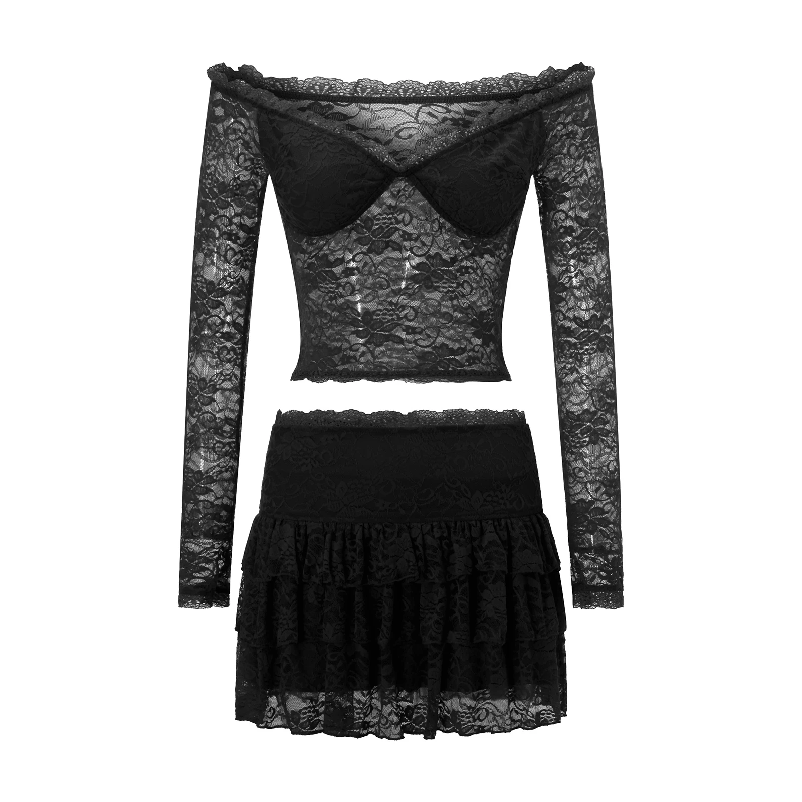 Fairycore Women Lace Skirt Set See Through Off Shoulder Long Sleeve Crop Tops and Mini Skirt Suit 2 Piece Outfits Streetwear