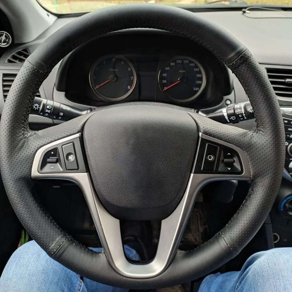 

Black Steering Wheel Cover Genuine Leather Hand-stitched For Hyundai Solaris Verna I20 Accent