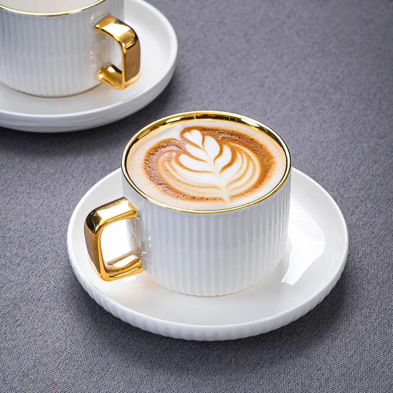 Light Luxury Gold Rimmed Coffee Cup and Stir Fry Dish, Household 260ml Ceramic Cup and Stir Fry Dish, Afternoon Tea Drink