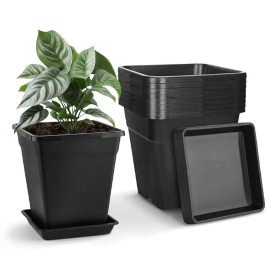 

Outdoor garden planter container for vegetables, flowers, succulents; black plastic; 12-inch square 5-gallon nursery pots with