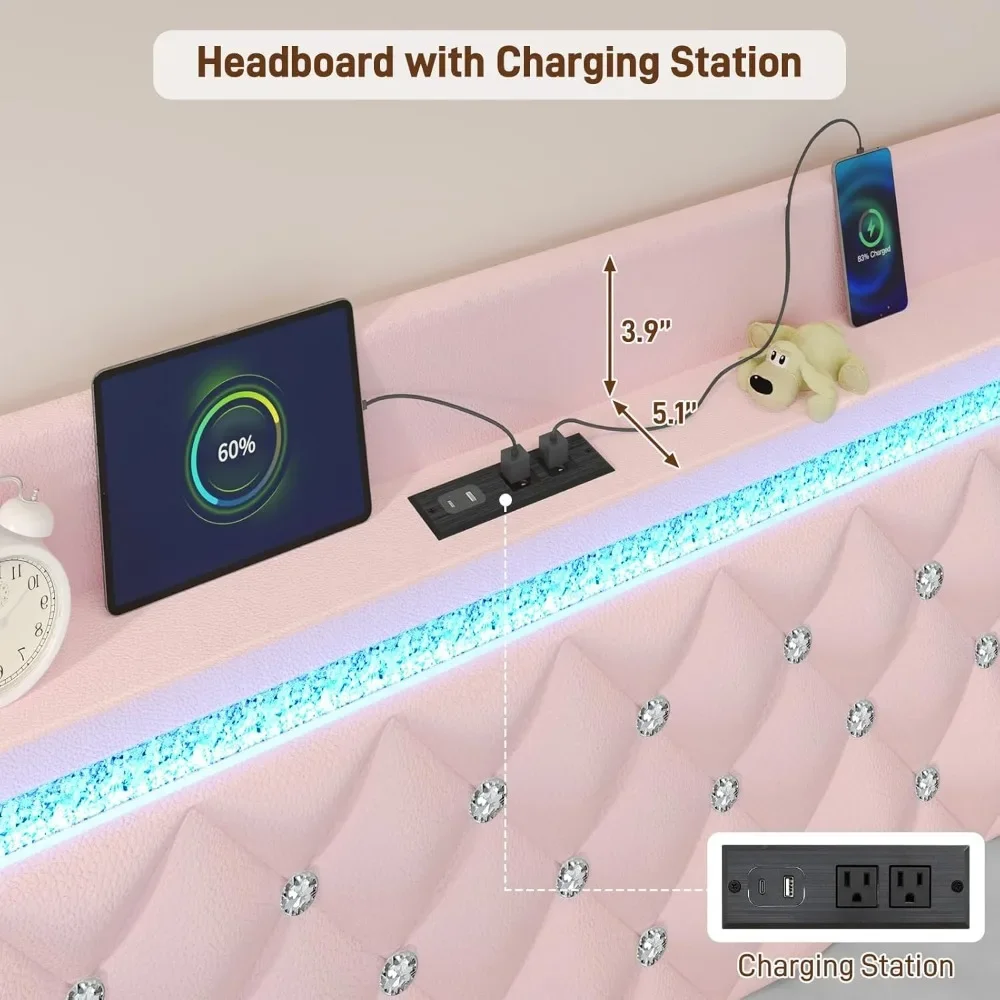 Full Bed Frame with LED Light, Upholstered Platform Full Bed with Charging Station & Wingback, Diamond Tufted Storage