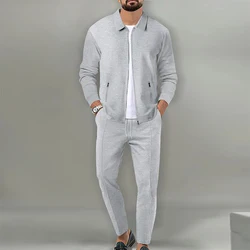 Casaco de waffle masculino com bolso com zíper, roupa esportiva de manga comprida, jaqueta cardigan, calça elegante, roupa masculina