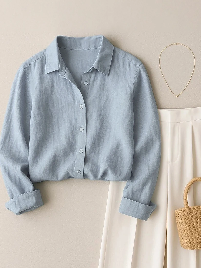 Losse Casual Kleur Katoen Linnen irt Dames Lente Herfst Nieuwe Sle Veelzijdig High-End Gevoel Lange Sve Linnen irt
