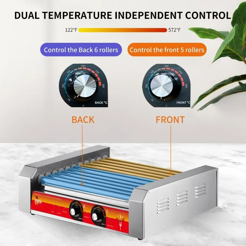 Commercial Hot Dog Rollers, 11 Rollers 30 Hotdog Roller Grill, Stainless Steel Hot Dog Machine With Dust Cover, Hot Dog Roller