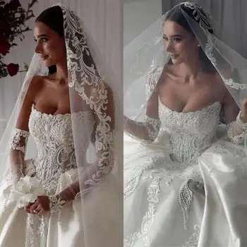 Preciosos apliques vestidos de novia sin tirantes Vestido de novia de perlas tren desmontable personalizado con cuentas de encaje ilusión Vestido de novia