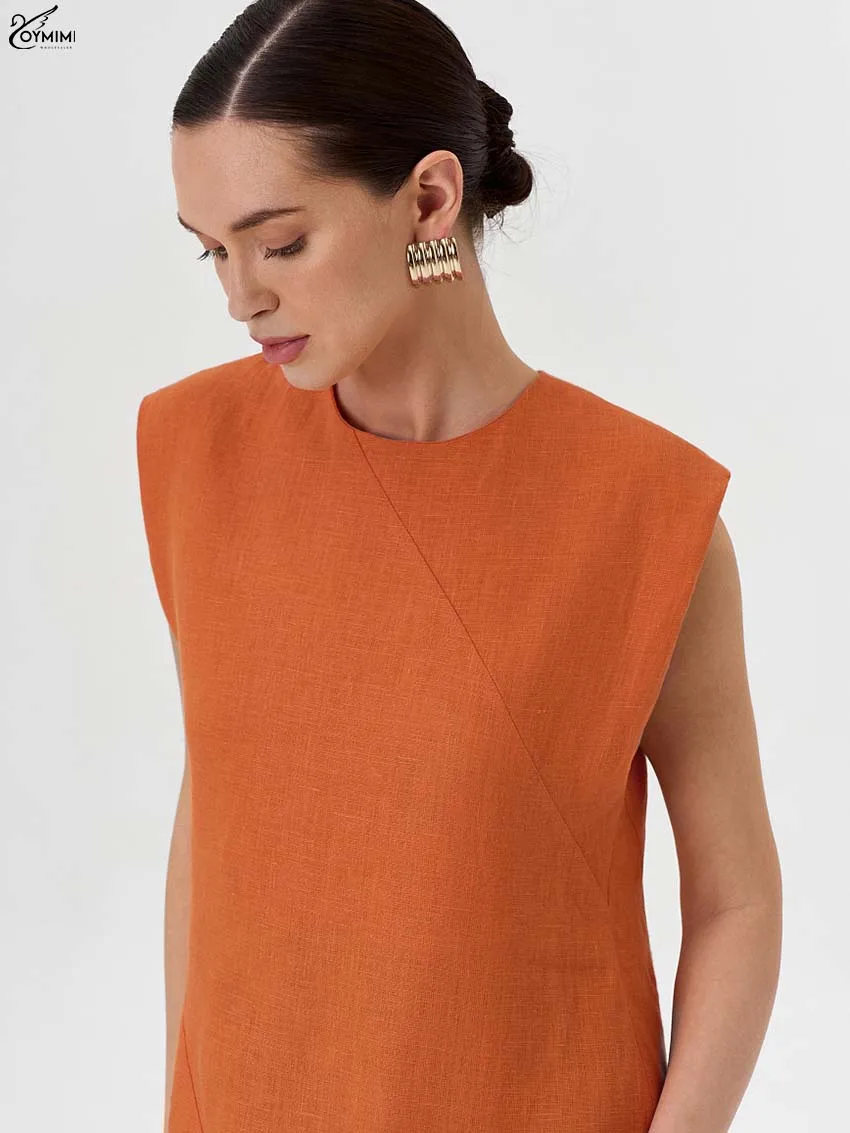 Oymimi Elegant Orange Cotton Women's Dress Fashion O-Neck Sleeveless Button Dresses Autumn Ruffled Mid-Calf Dresses Streetwear