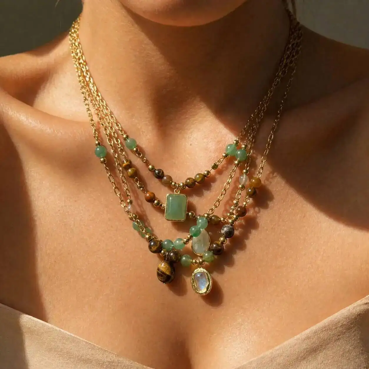 Salircon 4Style Bohemian Exquisite PVD18K Gold Plated Chain Necklace Women Vintage Stainless Steel Natural Stone Pendant Jewelry