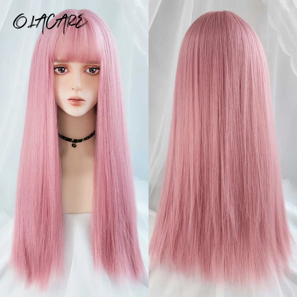 OLACARE Cosplay Wig With Bangs Synthetic Straight Hair 24 Inch Long Heat-Resistant Pink LM Wig For Women