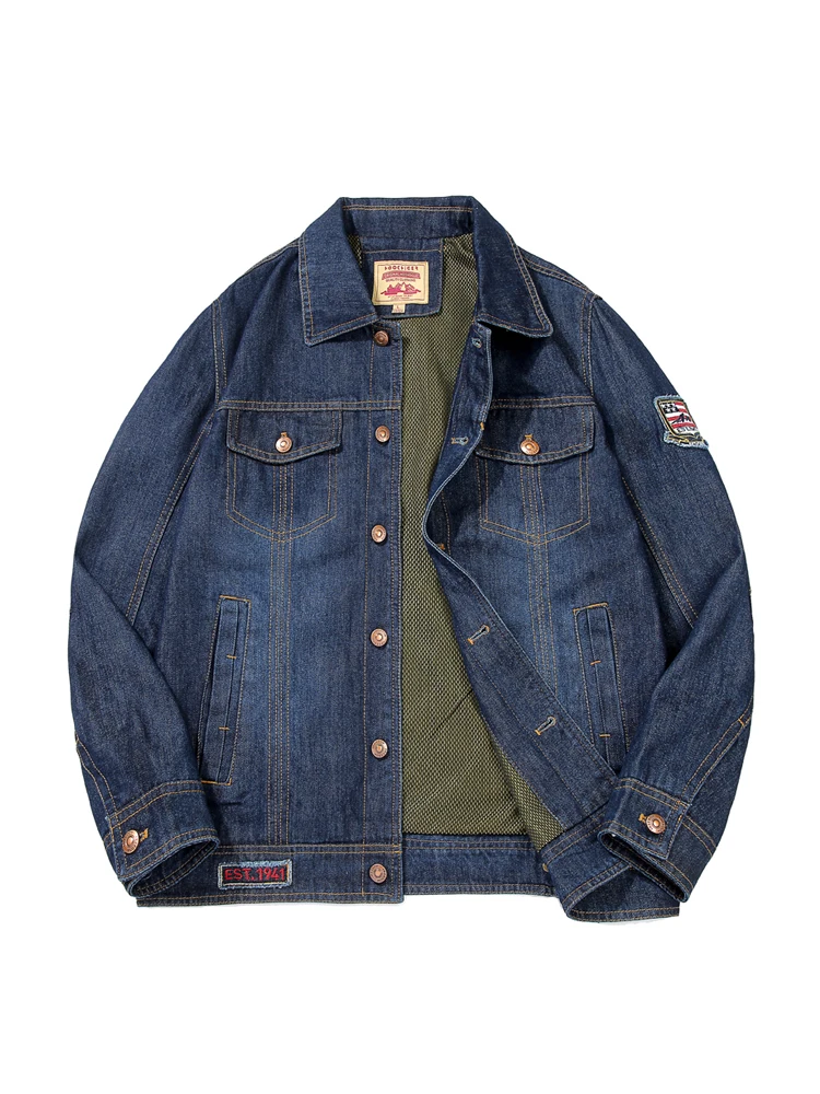 

Retro Washed Black Denim Jacket for Men Spring Autumn Flip Collar Workwear Casual Fashion Cotton Blend Breathable Long Sleeve
