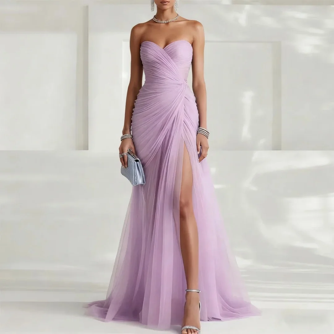 Bella Customized Sky Blue Sweetheart Neck Prom Dress Pleated Tulle High Slit robes de soirée Elegant Party Dresses For Women image 5
