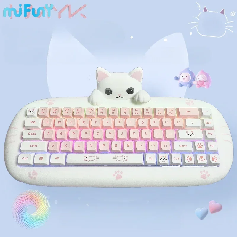 MiFuny Bluetooth Wireless Keyboard Cartoon Cat USB Gaming Mechanical Keyboards 68 Keys RGB Ergonomic Laptop Office Home Hot Plug