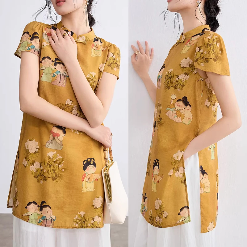 2026 Summer New Women's Chinese Style Print Cheongsam Top Retro Mandarin Collar Slit Frog Button Shirt Blouse Plus Size 4XL 5XL