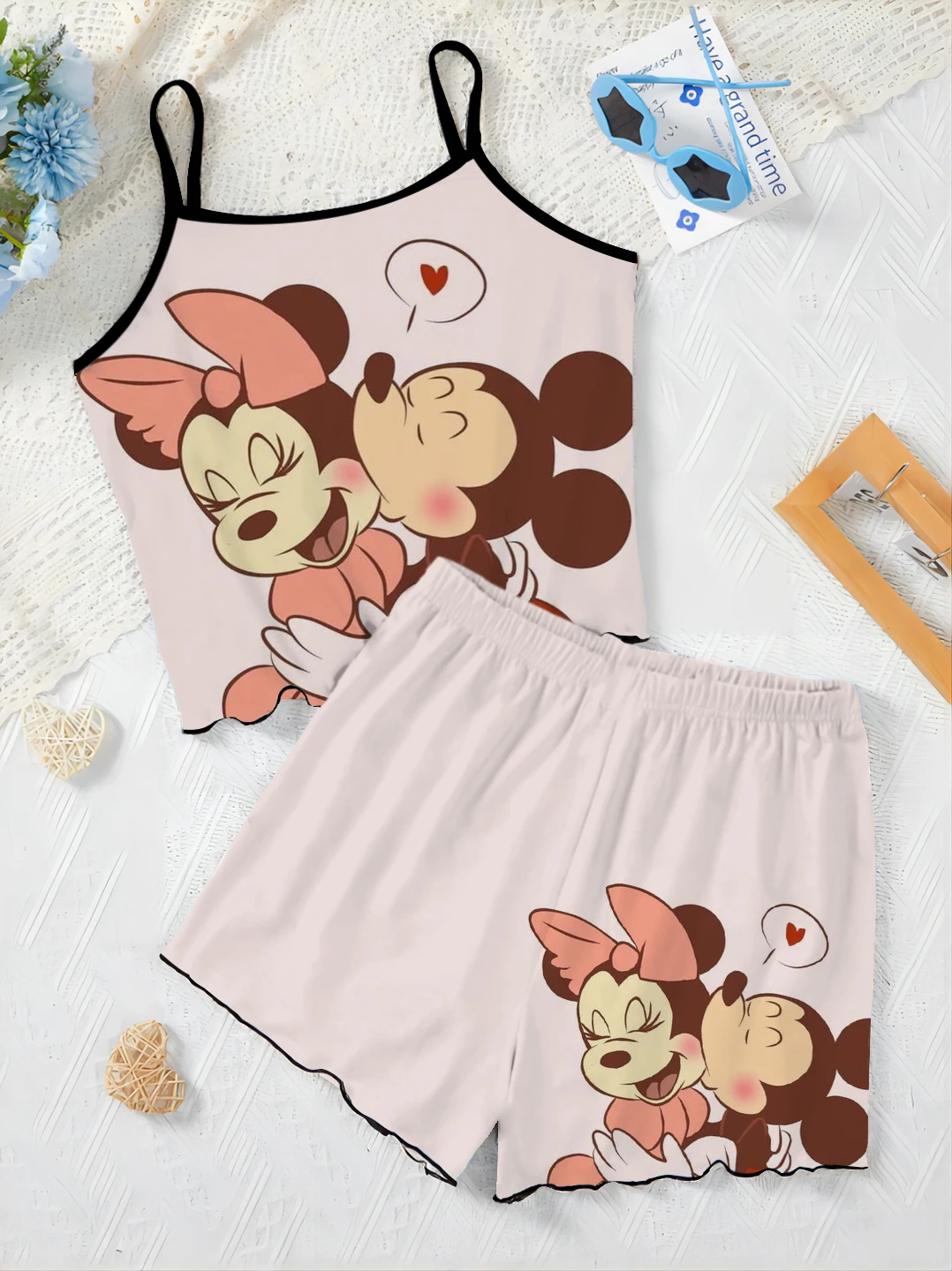 Ensembles courts trempés pour femmes, robe à enfiler, haut Minnie Mouse, jupe pyjama, garniture en laitue, t-shirt Disney, pièces élégantes