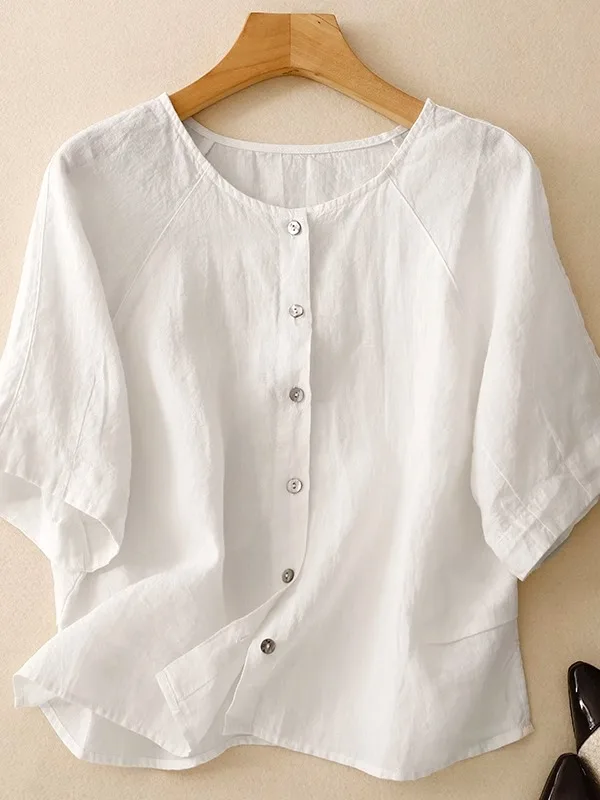 

Ele Retro Linen ort Sve irt Women's Summer Casual Loose Fit Single Button Cotton Linen Top Commute Sle round Ne