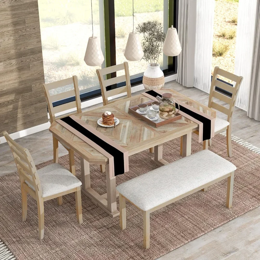 

6 Piece Rubberwood Dining Table Set with Beautiful Wood Grain Pattern Top and Upholstery, Kitchen, Natural Wood Dining Room Sets