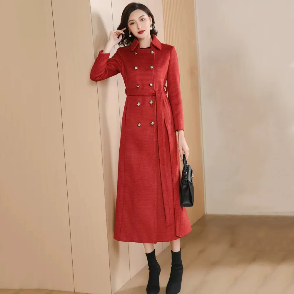 

New Women Autumn Winter Citrus red Woolen Overcoat Elegant Fashion Turn-down Collar Double Breasted Slim Wool Blended Long Coat