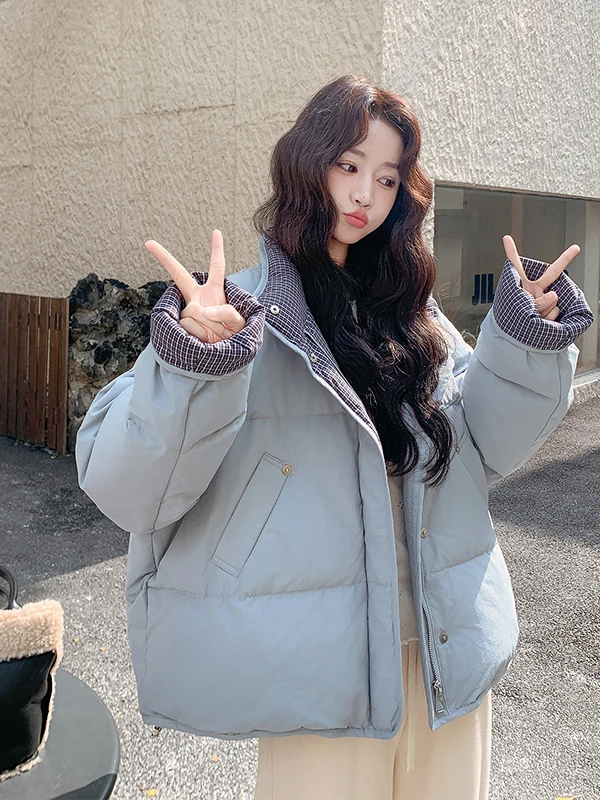 

Blue Plaid Color Blo ort Women's down Jaet Winter Warm Thi White Du Feather Coat Korean Sle Anti-Aging