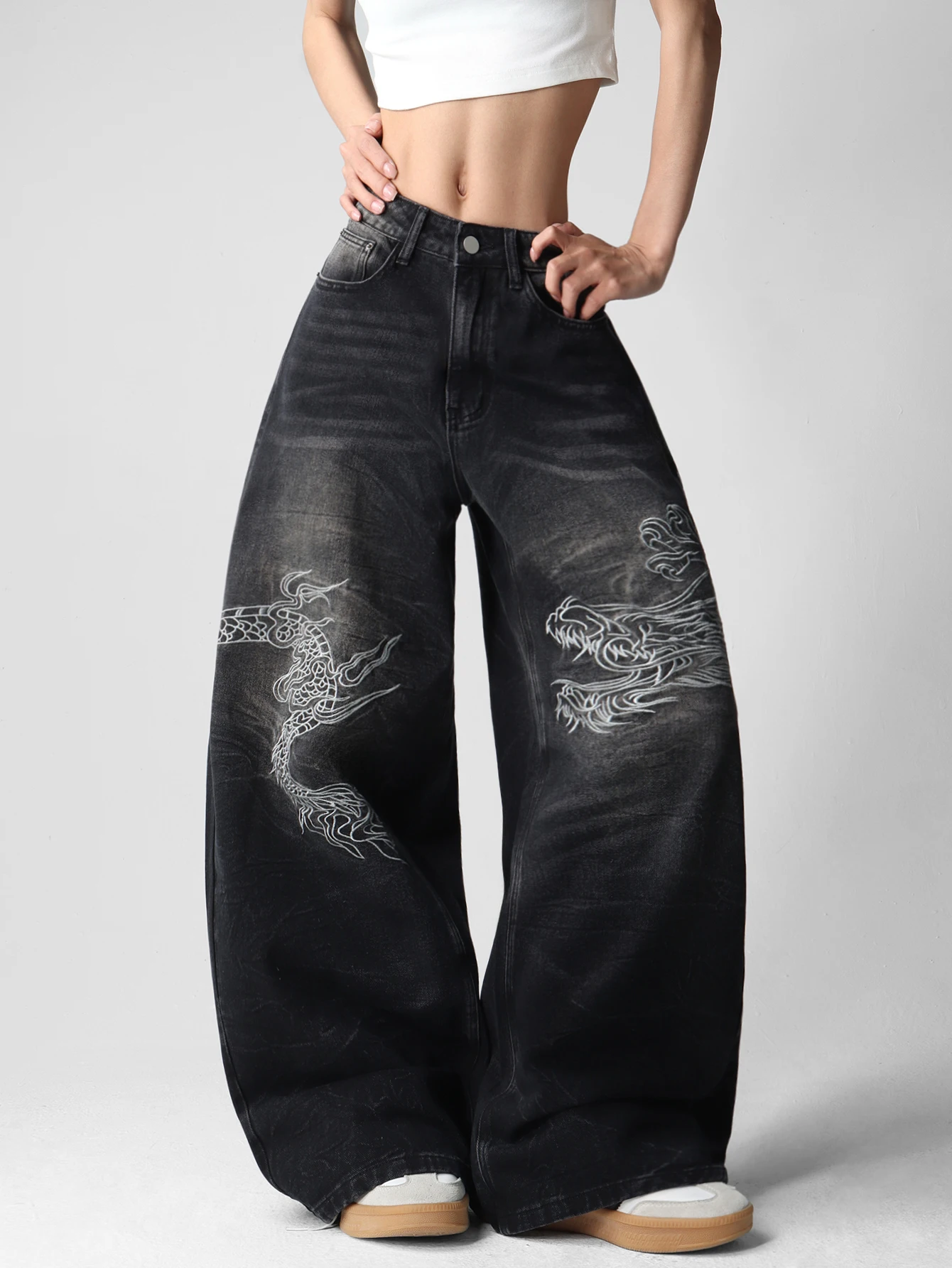 1 Pc American Vintage Dragon Embroidery Loose Women's Jeans, Street Hip-Hop Trendy Versatile Black Wide-Leg Pants