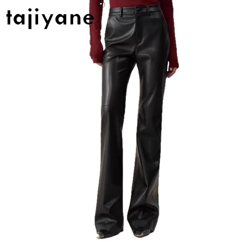 TAJIYANE Genuine Matte Leather Pants Woman Vegetable Tanned Sheepskin Flare Pants of Women Slim Fit Trousers Black Pantalones