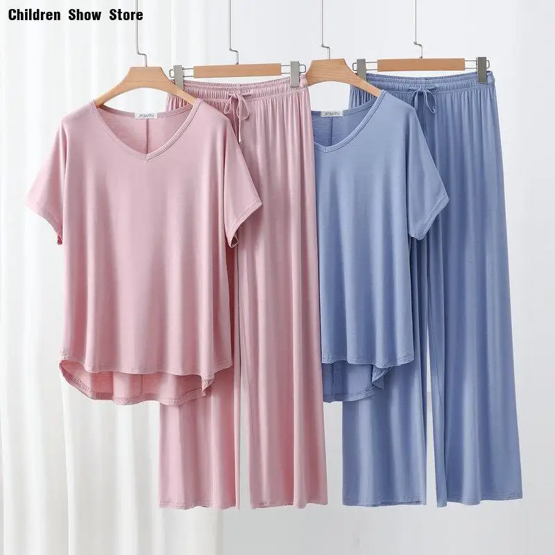 Solid Color Modal 2Pcs Homewear Sets Loose Pajamas Suit T-Shirt Short Sleeves Long Pants Thin Sleepwear Summer Spring Loungewear