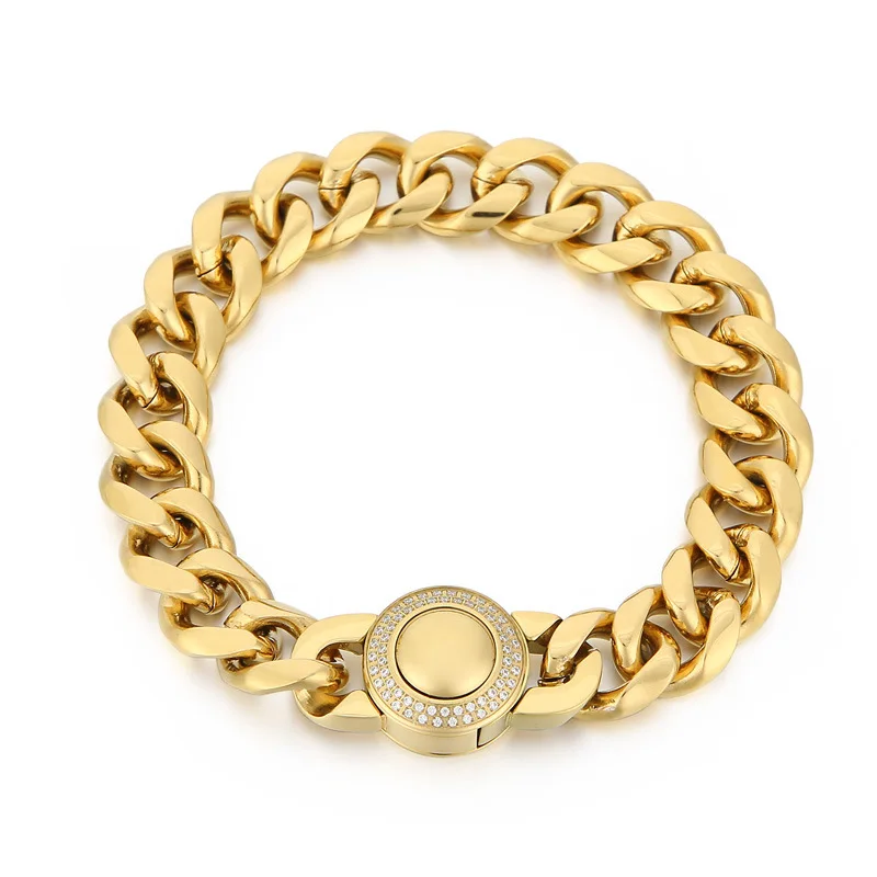 

13MM Heavy Punk Gold Color Cuban Curb Chain Bracelet with CNC Stone Men Women Black Stainless Steel Biker Bike Bangle Jewelry