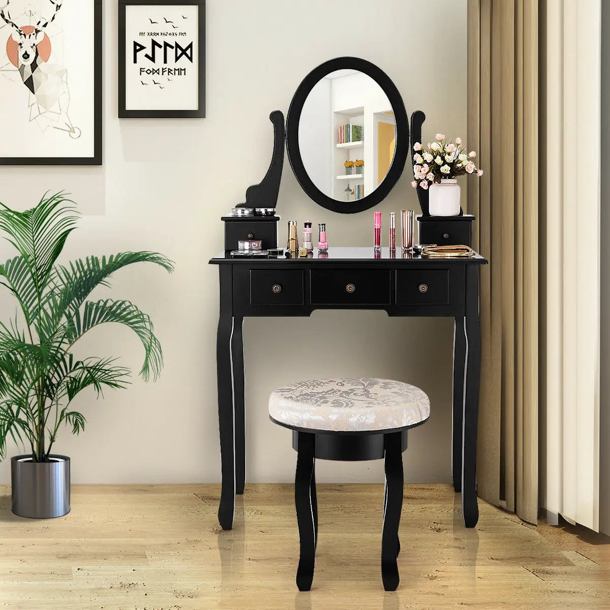 

Vanity Table Set Makeup Table Cushioned Stool Mirror 5 Drawers Black