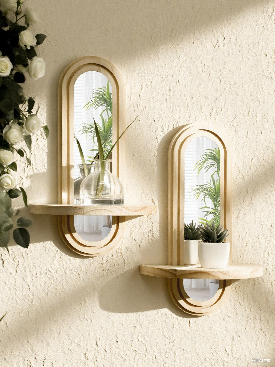 1pc Wooden Wall Shelves Boho Wall Mirror Natural Wood Finish Shelf Plant Display Stand for Bedroom Living Room Home Organization