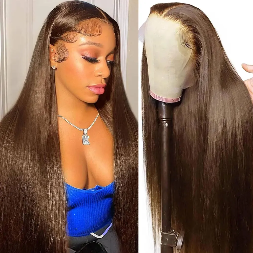 30 Inch Bone Straight Colored Chocolate Brown Lace Front Human Hair Wigs For Women 13x4 HD Transparent Lace Frontal Wig On Sale