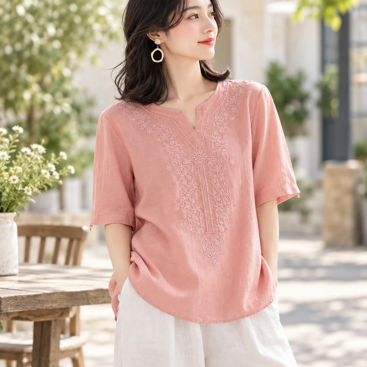 V Neck Pullover Shirt Straight Fit Commuter Chic with Buttoned Cuffs Regular Length Regular Sleeve Embroidery Women Blouse