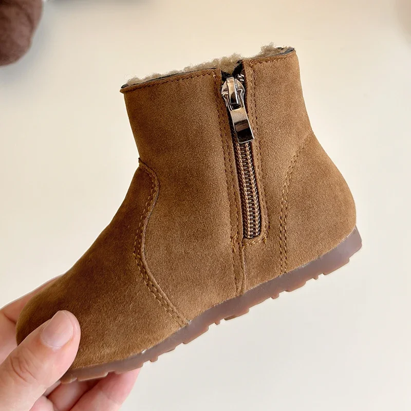 2024 Winter New Children\'s Genuine Leather Boots Girls\' Cotton Shoes Korean Matte Boys\' Short Boots Fashion Leopard Pattern
