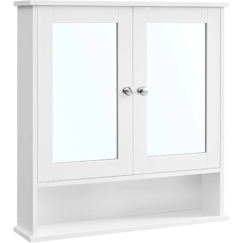 Bathroom Cabinet with Mirrors, Wall Cabinet with 2 Mirror Doors, Adjustable Shelves, Open Compartments, Wall Mounted