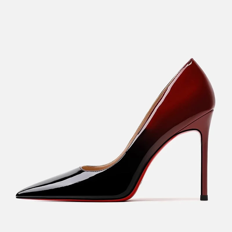

2024 popular black and red gradient patent leather super high 12cm pointed thin heel high heels sexy single shoes for women