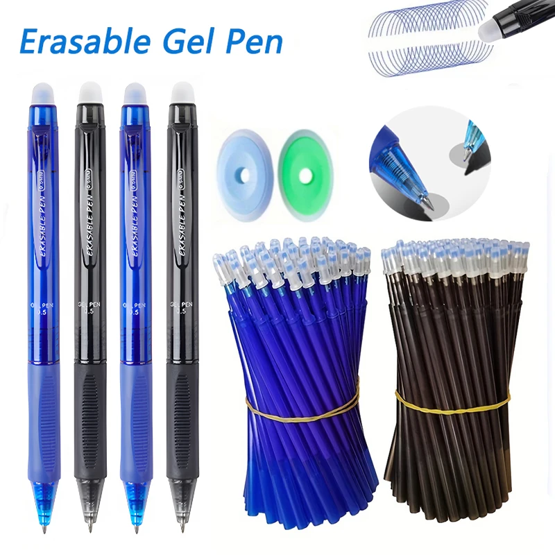 Large Capacity Press Erasable Gel Pens Set 0.5mm Black/Blue Washable Handle Erasable Magic Refills for School Office Writing