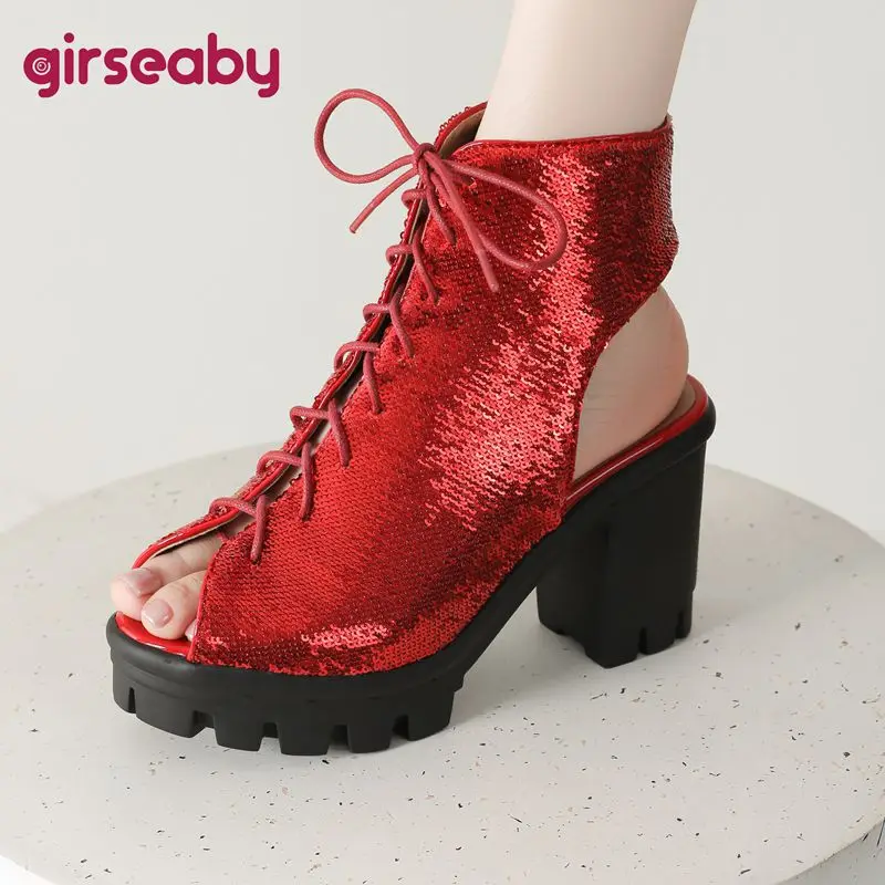 

Girseaby 2025 Новый дизайн Женские сандалии с открытым носком на массивном каблуке 9 см Платформа 3 см на шнуровке Большой размер 41 42 43 Модные блестящие туфли