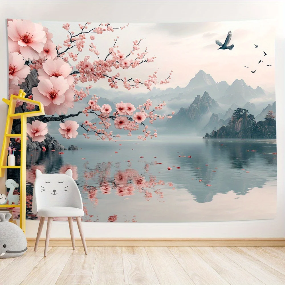 1pc Vintage 3D Cherry Blossom and Mountain Lake Tapestry- Polyester Fabric, Suitable for Living Room, Bedroom, Office Decoration - Detail 1