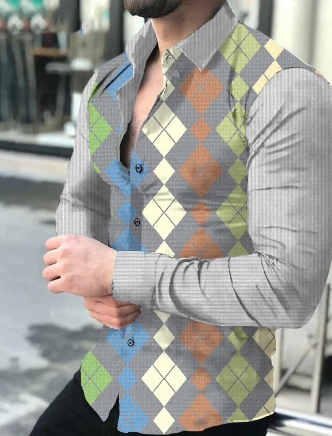 

Мужская рубашка в клетку, полосатый графический принт, геометрическая отложная уличная уличная одежда на пуговицах с длинными рукавами, модельерская одежда