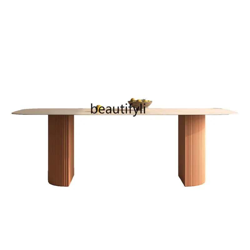 

Walnut Dining Tables and Chairs Set Imported Cave Stone Oval Minimalist Stone Plate Cream Style Dining Table