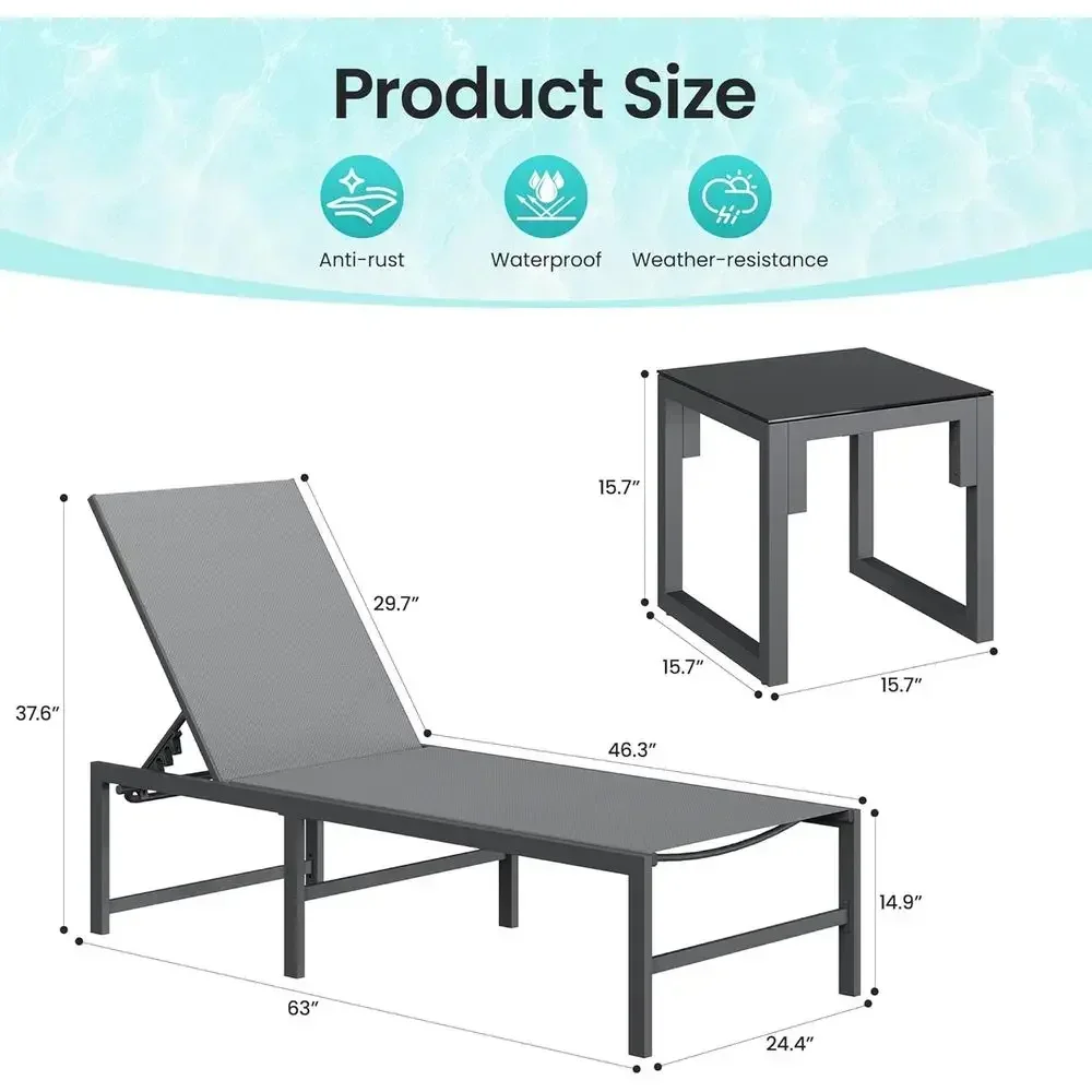 Weather-Resistant 3-Piece Patio Lounge Chair Set with Adjustable Chairs and Side Table, 400 lbs Capacity (Gray)