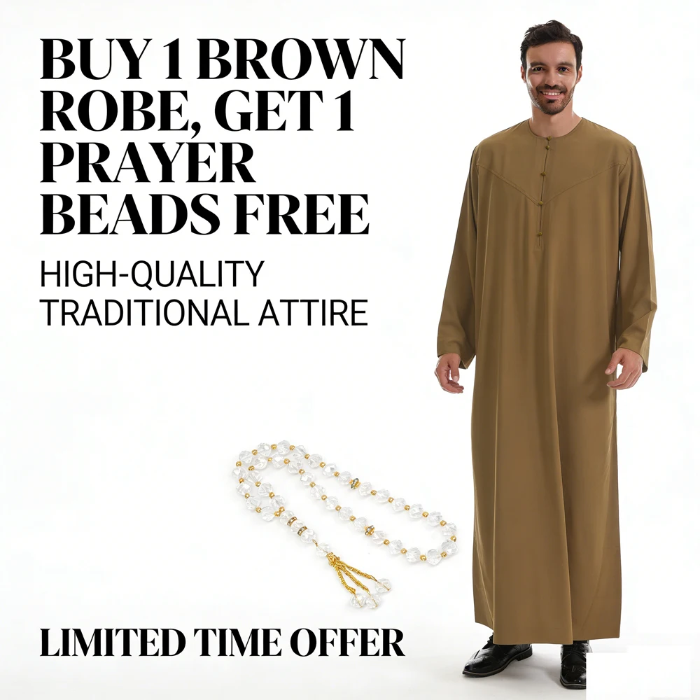 

Long Sleeve Man Abaya Jubba Thobe for Men Kaftan Muslim Saudi Arabia Djellaba Islam Clothing Prayer Robe Free Prayer Beads