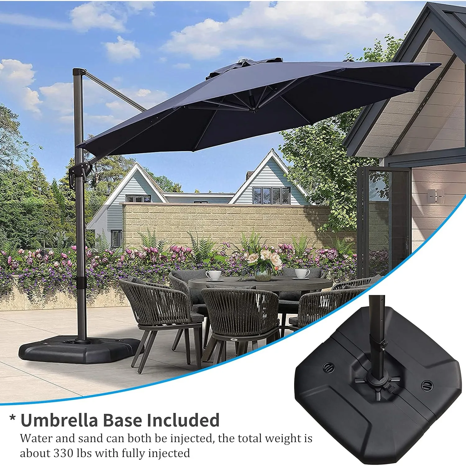 11 Feet Patio Cantilever Umbrella with Base Outdoor Umbrella Round Aluminum Offset Umbrella with 360-degree Rotation