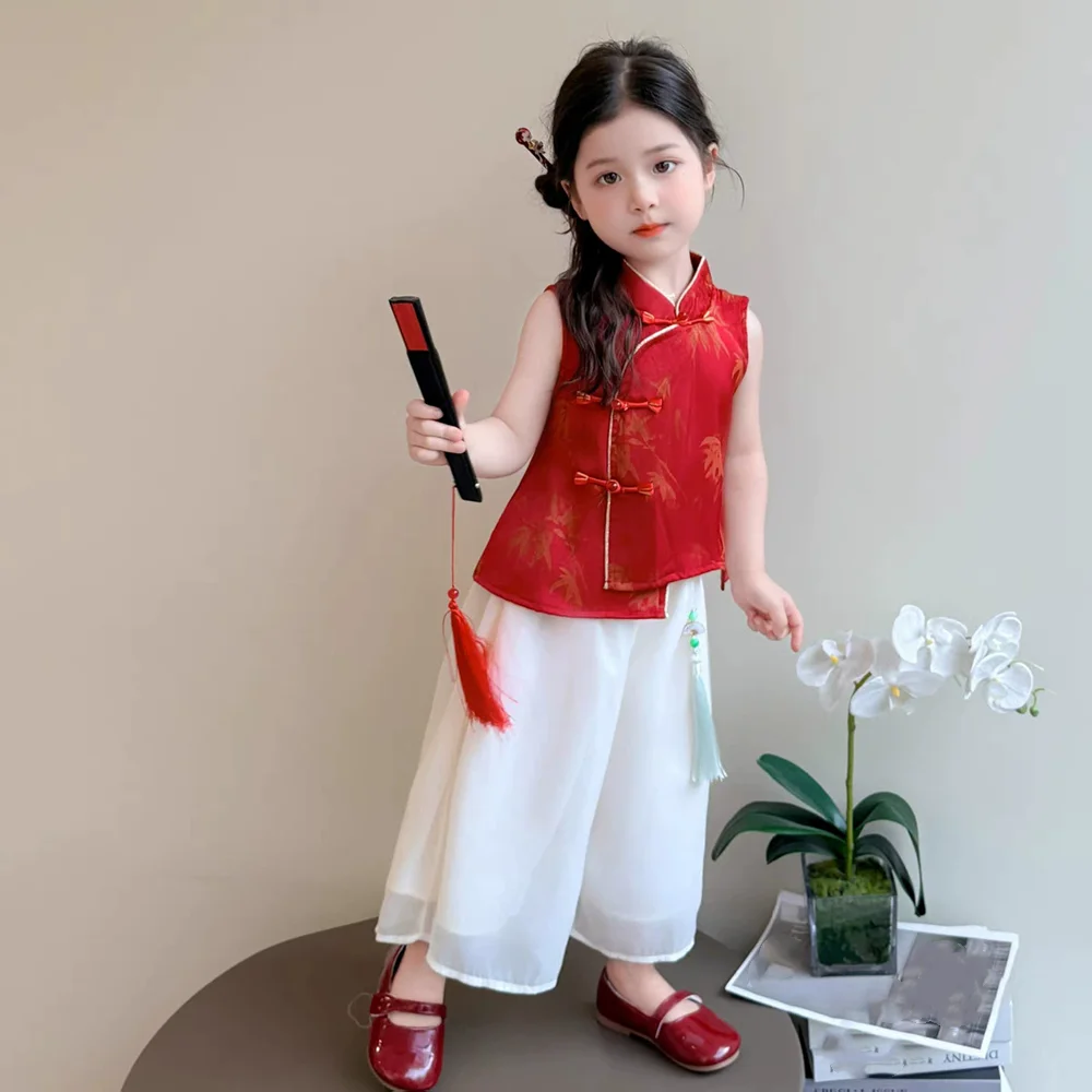 Tops Pants 2 Piece Set Kids Casual Chinese Girls Hanfu Suit Costume Girl Sets Children's Clothing Fashion Baby Outfit Summer